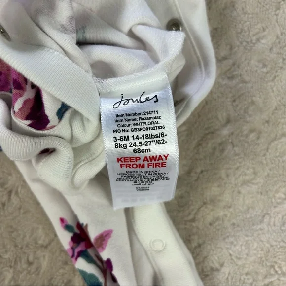 Joules Footed Sleeper Size 3-6 Months Baby Girl White Floral - Picture 4 of 6